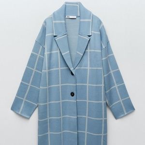 Zara Women's Check Knit Coat Blue  Size M